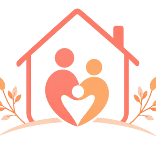 Illustration 3D : maison avec famille souriante et cœur, feuillages - services à domicile bienveillants