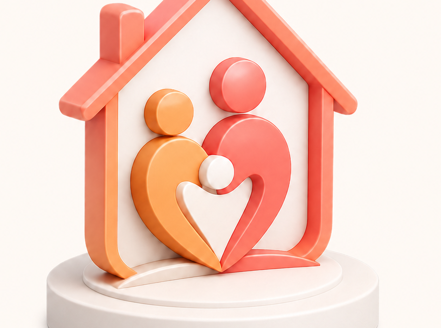 Illustration 3D : maison rouge avec famille stylisée en formes orange et rose, symbolisant les services d'aide à domicile et garde d'enfants de Mon Petit Personnel.